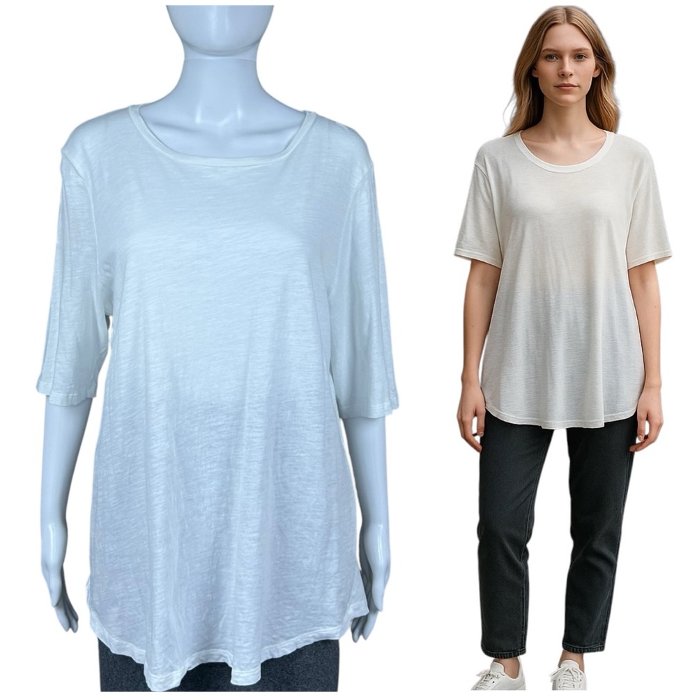 Eileen Fisher 100% Organic Cotton Short Sleeve Round Neck T-Shirt Top Large Boxy